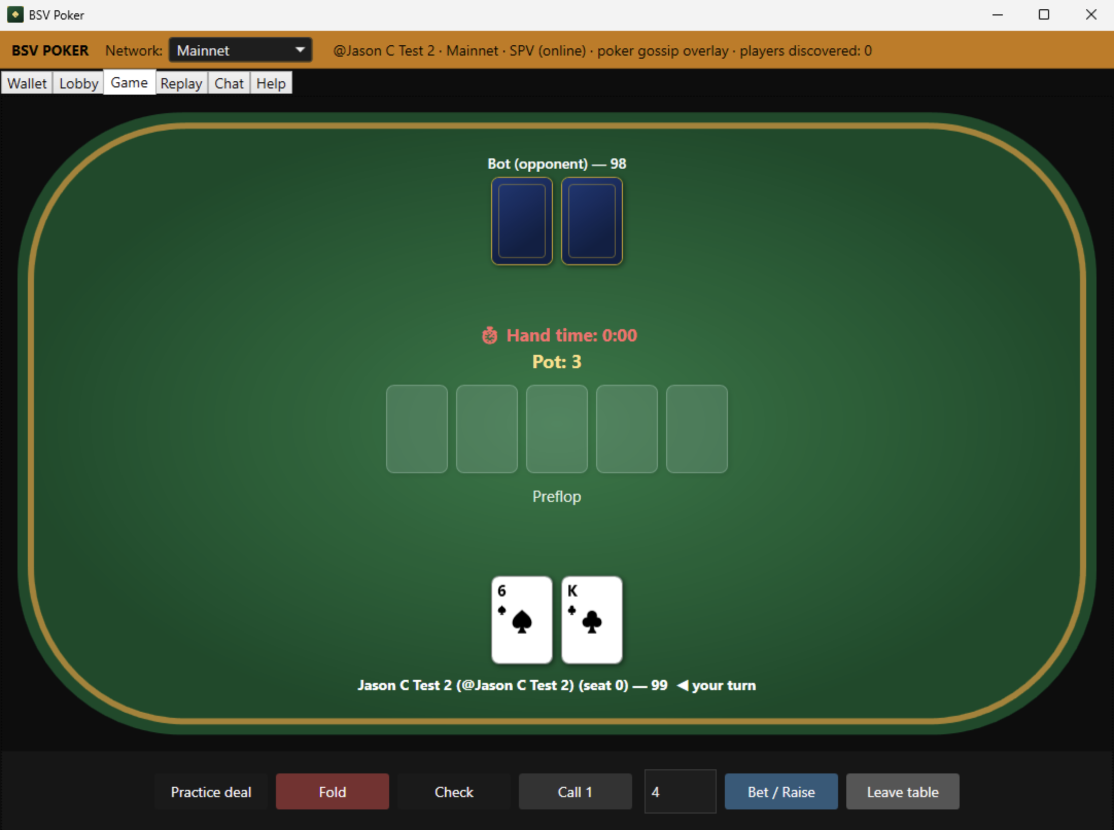 BSV Poker in play: a heads-up hand against a bot, hole cards dealt via mental poker, with the pot tracked on-chain