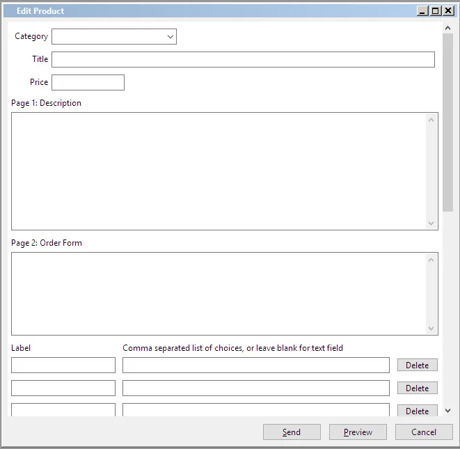 The Edit Product dialog from the original Bitcoin client's marketplace: Category, Title, Price, a Description, and an Order Form