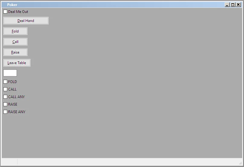 The Poker dialog from Satoshi's original Bitcoin client: Deal Hand, Fold, Call, Raise, and Leave Table buttons with FOLD/CALL/RAISE pre-action checkboxes